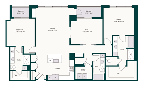 Floor plan for 2 beds, 3 baths, 2002 sqft